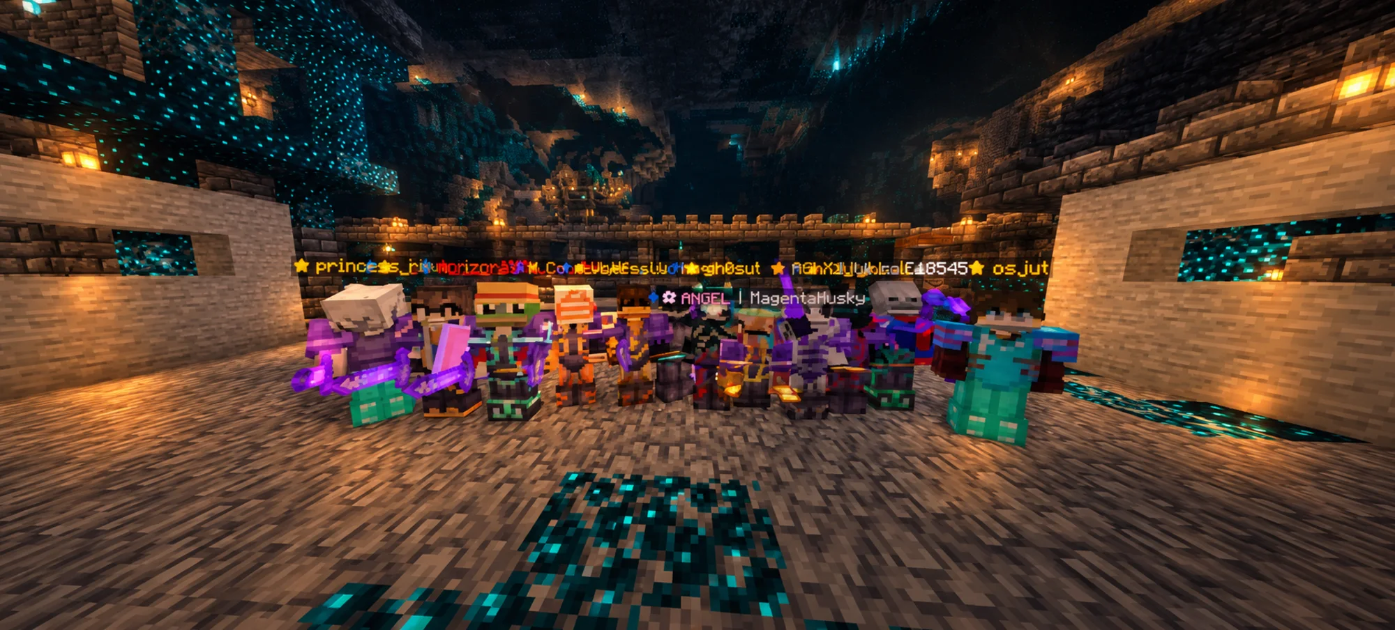 A group of PureMC players lined up in the deep dark